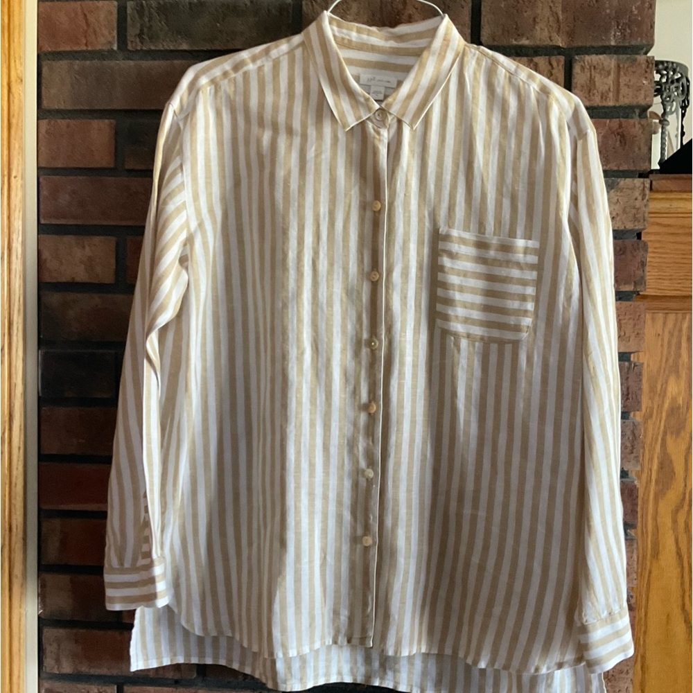 J Jill oversized linen stripped shirt in camel and white